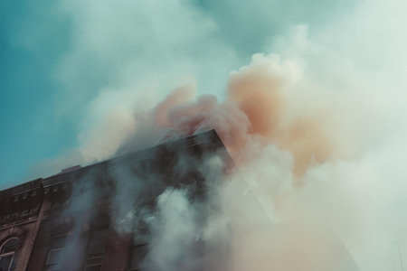 Low angle view of a building with billowing smoke against a moody skyの素材