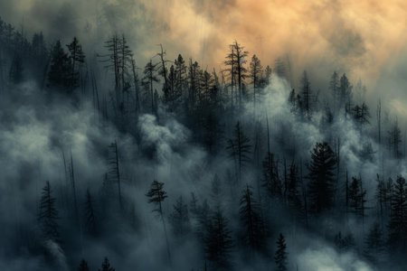 Enchanting and mysterious misty forest at twilight with silhouettes of trees in the surreal landscape of nature. Dusk. And fog. Creating a serene. Calm. And tranquil atmosphereの素材
