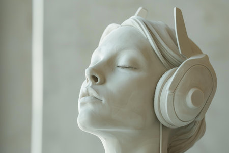Tranquil and serene contemporary sculpture with headphones, creating a peaceful and meditative atmosphere, capturing the beauty and creativity of art in a modern gallery settingの素材