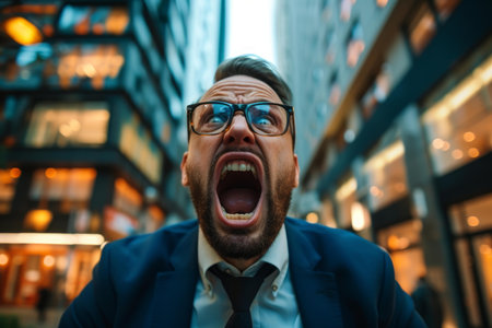 Stressed businessman in urban district shouting loudly due to overwhelming work pressure and emotional crisisの素材
