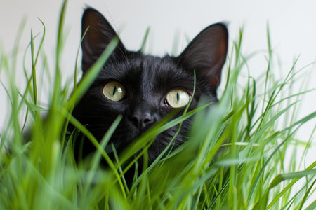 Mysterious black cat with striking eyes hiding in lush green grassの素材