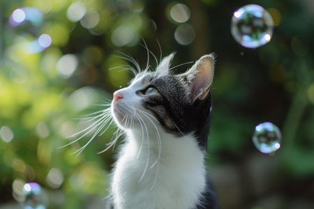 Domestic cat gazes with curiosity at shimmering soap bubbles against a green backdropの素材