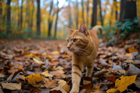Inquisitive ginger cat exploring a vibrant autumn forest floor covered in fallen leavesの素材