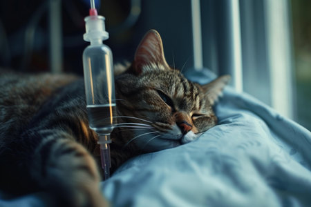 Domestic cat sleeps peacefully with an intravenous infusion in a veterinary clinicの素材