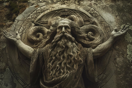 Closeup of a detailed stone sculpture of a wise old man with a long beard, spreading his armsの素材