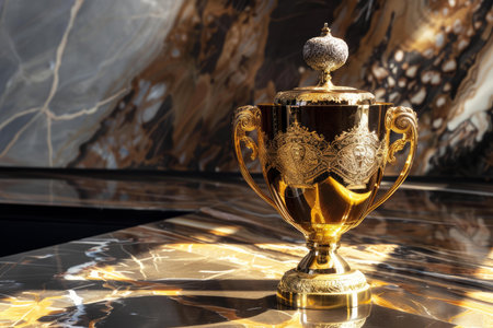 Elegant gold trophy with intricate details displayed on a polished marble tableの素材