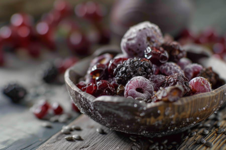 Assorted frosty berries in a rustic bowl with soft backgroundの素材