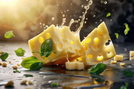 Swiss cheese with splash and basil leaves on rustic kitchen background in sunlightの素材
