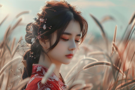 Graceful woman in ornate traditional dress lost in thought, surrounded by a tranquil fieldの素材