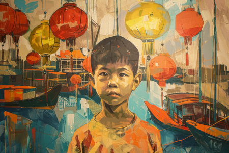 Vibrant street art painting featuring a young boy against a backdrop of asian lanterns and boatsの素材