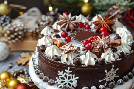 Decadent chocolate cake adorned with winter holiday motifs and seasonal spicesの素材