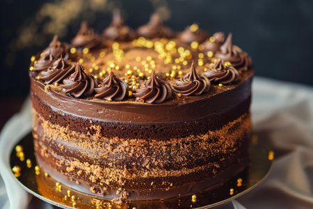Exquisite chocolate layer cake adorned with golden sprinkles, perfect for celebrationsの素材