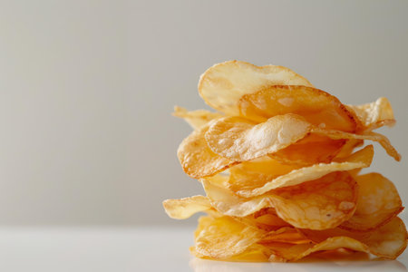 Closeup of a delicious stack of golden potato chips with a soft, light backdropの素材