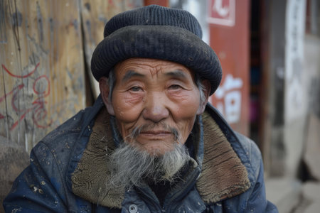 Portrait of an aged man with a weathered face and a wise gaze, wearing a traditional hatの素材