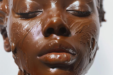 Macro shot of a person with a glossy chocolate facial mask treatment highlighting skincareの素材