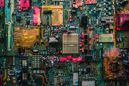 Detailed and intricate circuit board landscape with closeup wiring connectivity and various electronic components including microchips. Transistors. And capacitorsの素材