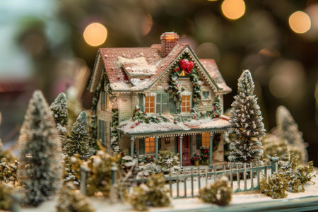 Intricate miniature of a snowcovered house with christmas decorationsの素材