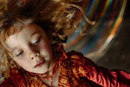 Whimsical curlyhaired young girl in dynamic motion. Spinning with carefree joy and playful energy. Creating a blur of happiness and exuberance against a vibrant. Abstract. Blurred background indoorsの素材