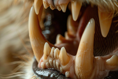 Detailed macro shot capturing the fearsome teeth and mouth of an animalの素材