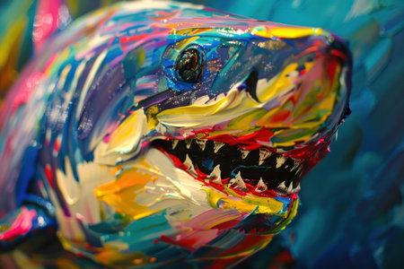 Vibrant and imaginative handpainted colorful abstract dinosaur sculpture with bold brush strokes and playful design displayed in a contemporary art gallery exhibitionの素材