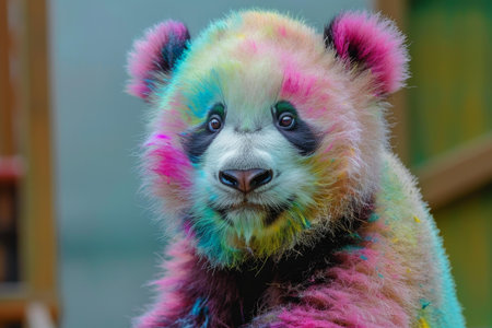 Vibrant and colorful closeup portrait of a painted panda, a unique and imaginative artistic depiction of this exotic and endangered wildlife speciesの素材