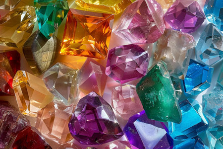 Vibrant and sparkling colorful assortment of gemstones background with a variety of precious stones. Perfect for jewelry and fashion decorationの素材