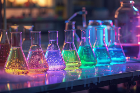 Various beakers and flasks filled with glowing liquids on a lab bench, illuminated by neon lightingの素材