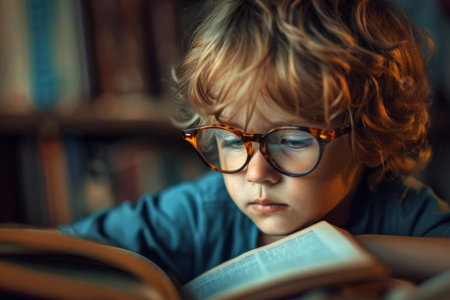 Little kid with glasses deeply focused on reading a book in a cozy roomの素材