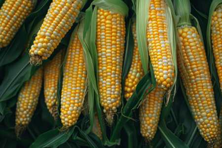 Closeup of ripe corn cobs with lush green leaves, showcasing natural texturesの素材