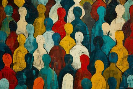 Vibrant abstract art of stylized human silhouettes in varied colorsの素材