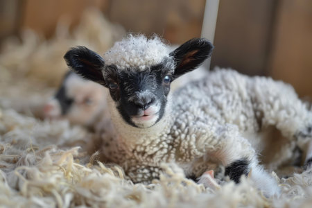 Cute lamb with a black face, lying on soft wool bedding inside a barnの素材