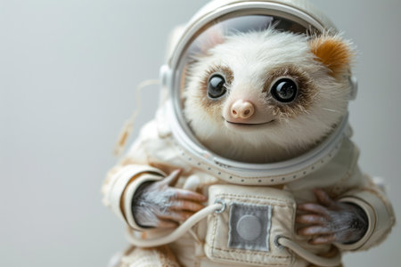 Cute plush hedgehog toy dressed as an astronaut against a soft white backgroundの素材