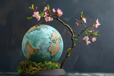 Vibrant and ecofriendly blossoming branch over the globe, showcasing the natural beauty and renewal of the earths flora and promoting global environmental conservation and sustainable effortsの素材