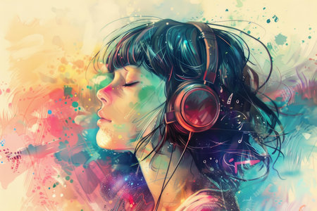 Vibrant illustration of a girl immersed in music with abstract colorful splashesの素材
