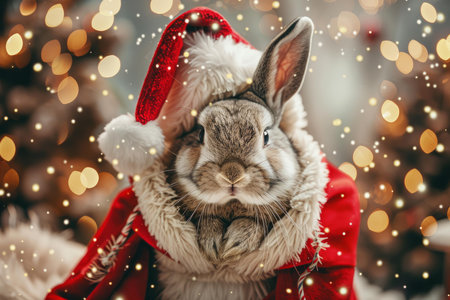 Cute rabbit dressed in a santa coat and hat against a twinkling holiday light backdropの素材