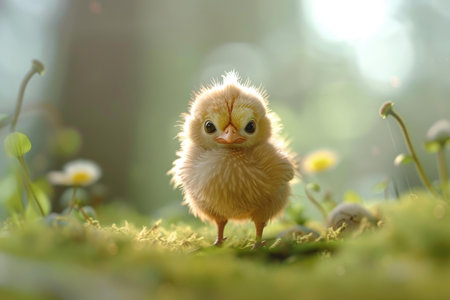 Cute fluffy chick stands amidst a glowing field with daisies, in warm sunlightの素材