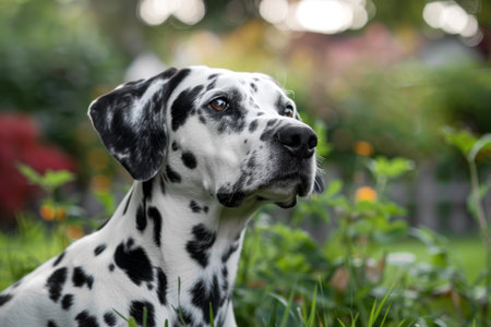 Closeup of a spotted dalmatian dog with a thoughtful expression in a lush green gardenの素材