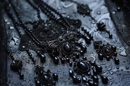Macro shot of intricate black jewelry adorned with water drops on a dark surfaceの素材