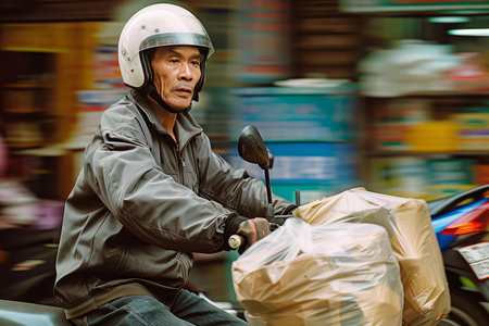Focused delivery man riding a scooter, delivering packages in a bustling cityscapeの素材