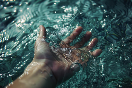Closeup of a human hand interacting with the sparkling texture of waterの素材