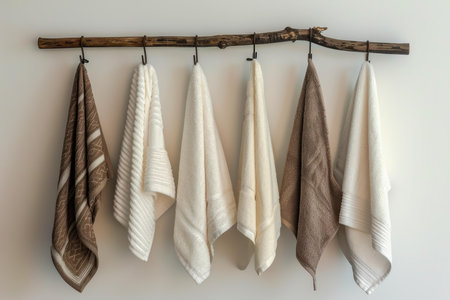 Elegant bathroom towels in neutral colors displayed on a rustic wooden hanger against a light wallの素材