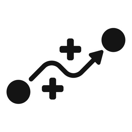 Simplified black and white icon depicting an upward trending line chart with plus signs, symbolizing positive growthのイラスト素材