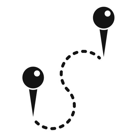 Black and white graphic of two pin markers connected by a dashed line, symbolizing route planningのイラスト素材