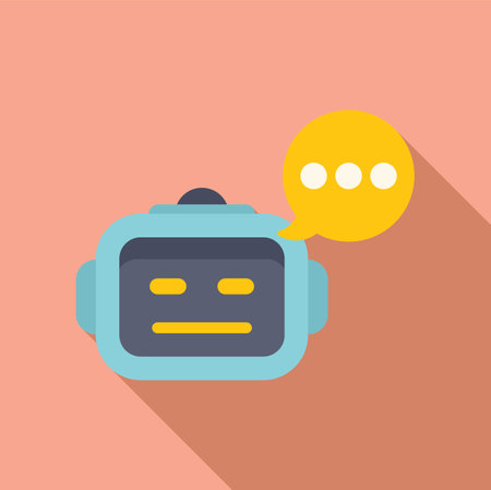 Flat design illustration of a friendly robot avatar with a chat speech bubble on a soft, peachtoned backdropのイラスト素材