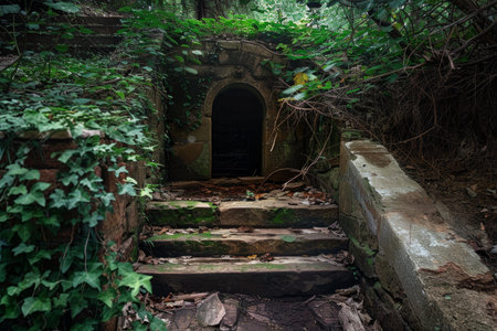 Eerie, overgrown staircase leading to an old, open doorway, engulfed by the forests embraceの素材