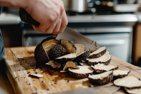 Closeup of a chefs hand cutting gourmet black truffles with a knife on a rustic kitchen boardの素材