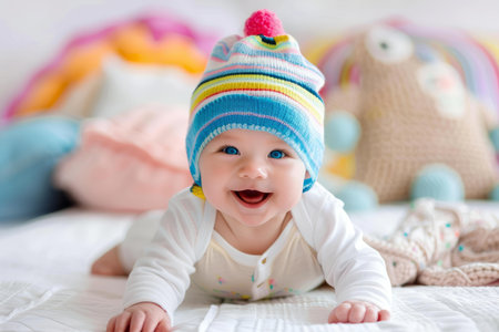 Adorable baby with a beaming smile, dressed in a striped hat, lying on a cozy bedの素材
