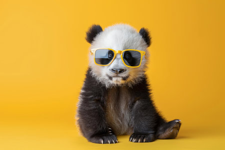 Cute panda cub donning fashionable yellow sunglasses poses against a vibrant yellow backdropの素材