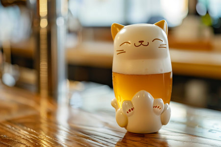 Whimsical catshaped beer glass sits filled on a warm wooden bar surface, inviting a toastの素材