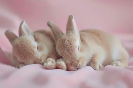 Two adorable young rabbits cuddle and sleep peacefully on a soft pink backgroundの素材